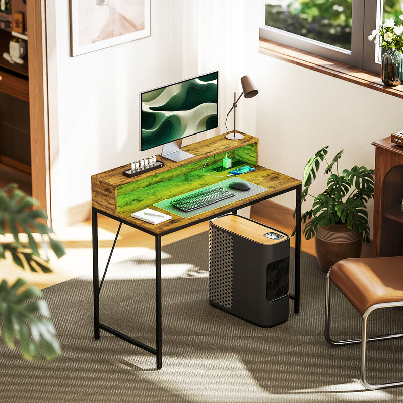 100cm Gaming Desk with LED Lights and Power Outlets Rustic Brown by HOMCOM