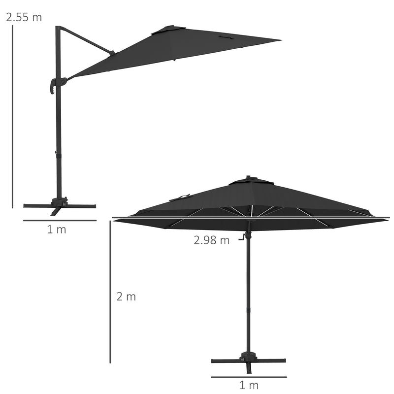 Dark Grey 3m Cantilever Garden Parasol With Base And Solar LED Lights For Shade
