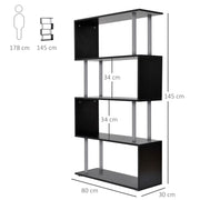 Black 5 Tier S Shape Bookcase Modern Freestanding Shelf For Home Office Or Living Room