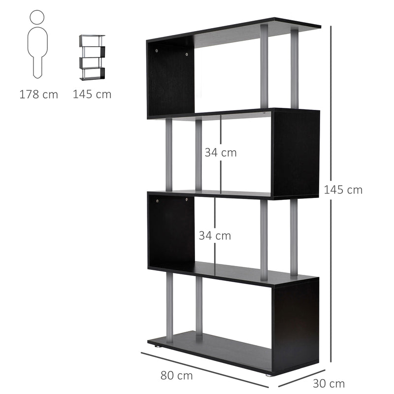 Black 5 Tier S Shape Bookcase Modern Freestanding Shelf For Home Office Or Living Room