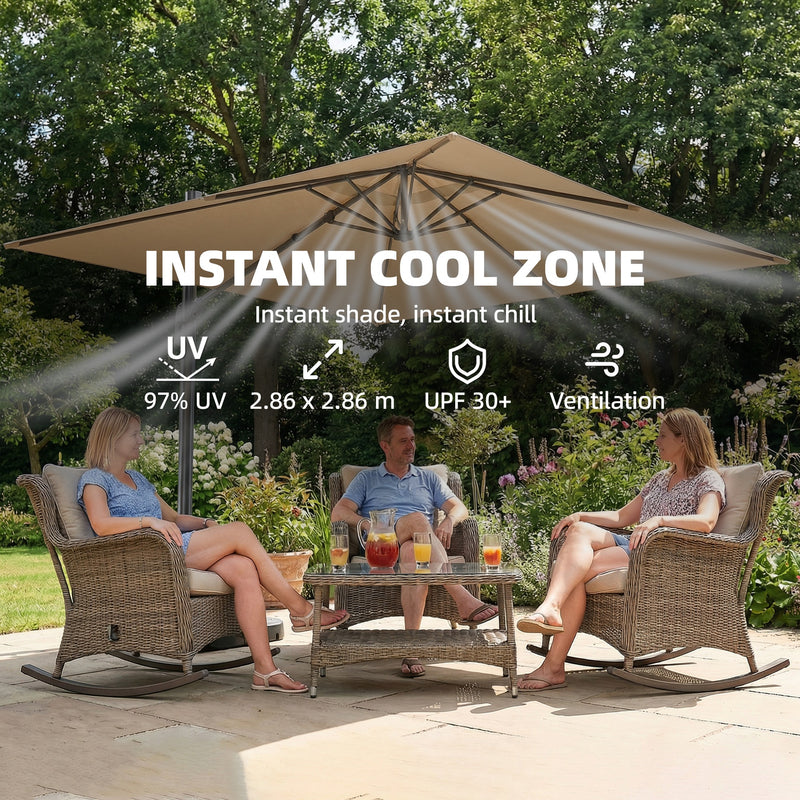 Square Cantilever Parasol with Lights For Garden - Easily Adjustable UPF 30+ Shade - Crank/Tilt - Khaki