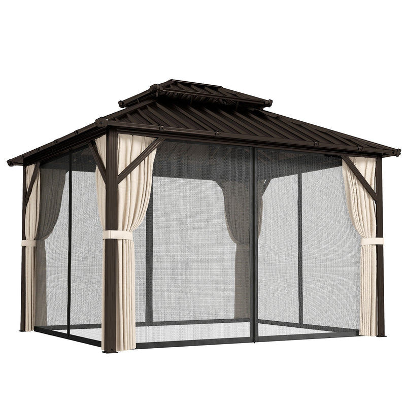3.6 x 3m Metal Gazebo with Metal Roof, Privacy Curtains and Insect Netting for Year Round Shelter, Brown & Black