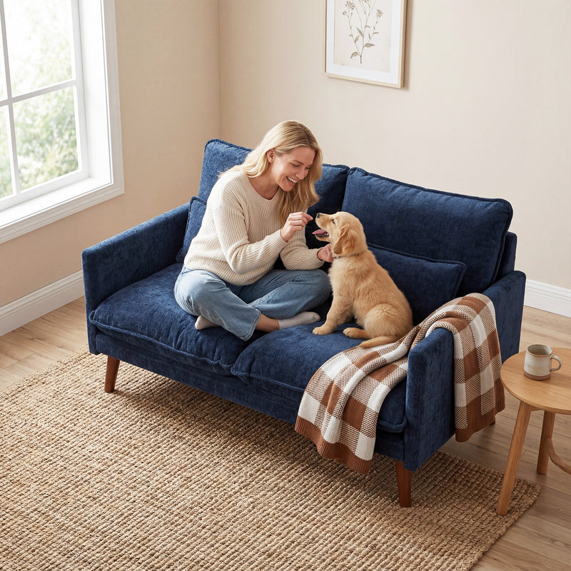 2 Seater Compact Sofa for Small Spaces with Supportive Cushions and Velvet Feel Blue
