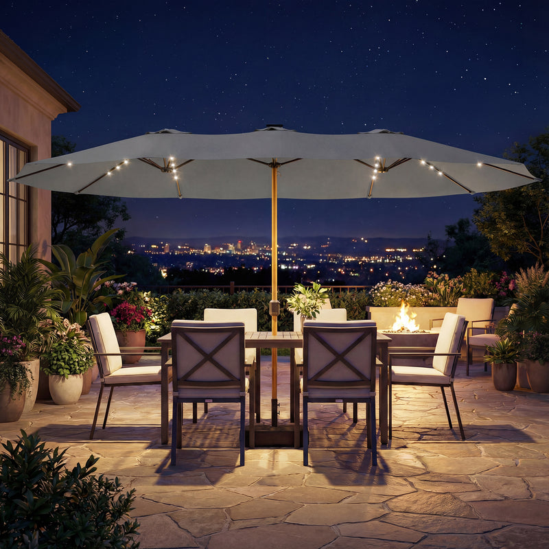 Garden Parasol with Double Canopy and Solar LED Lights for Large Patios Light Grey Outsunny