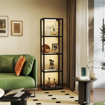 Tall LED Floor Lamp With Glass Shelves And Dimmable Light For Living Room, Black