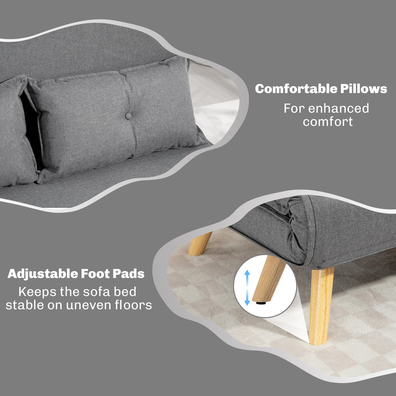 Two Seater Sofa Bed with Linen Look Fabric and Pull Out Design for Guest Rooms Grey