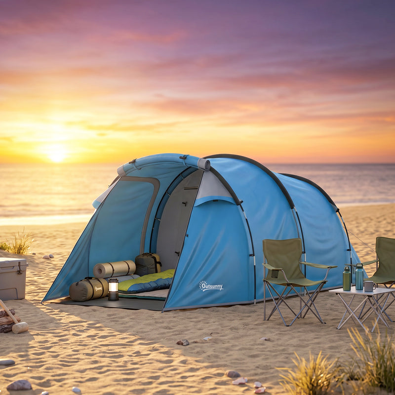 Outsunny 2 Room Tent with Vestibule, Weather-Resistant Camping Tent with Air Vents for Fishing Hiking, Sky Blue