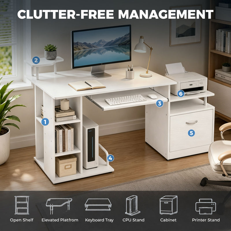 Computer Desk with Shelves and Drawer for Organised Home Workspace White Wood Effect