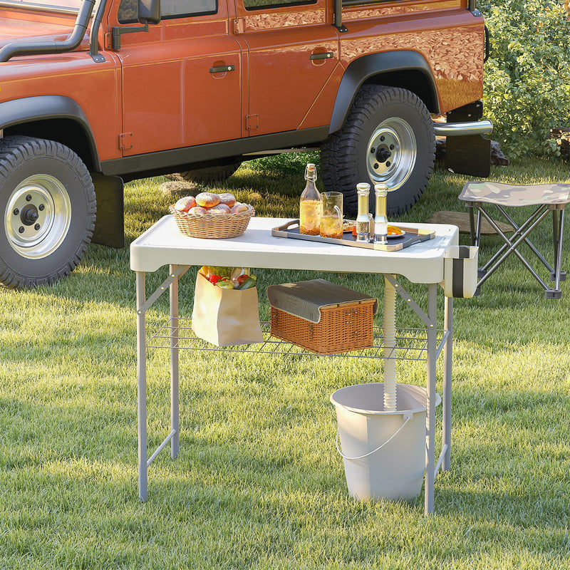 Folding Outdoor Fish Cleaning Table with Dual Sinks and Storage for Camping White