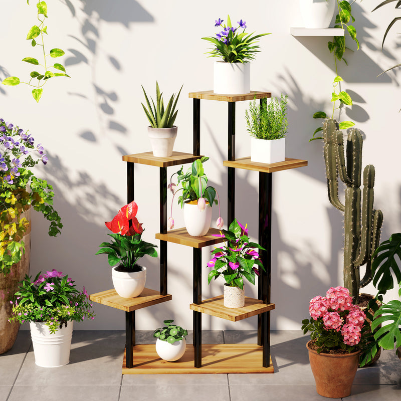 7 Tier Tall Plant Stand for Indoor and Outdoor Use Carbonised Wood and Steel by Outsunny