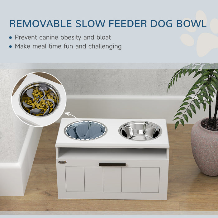 Raised Dog Bowl with Slow Feeder and Storage Drawer for Large Dogs White by PawHut