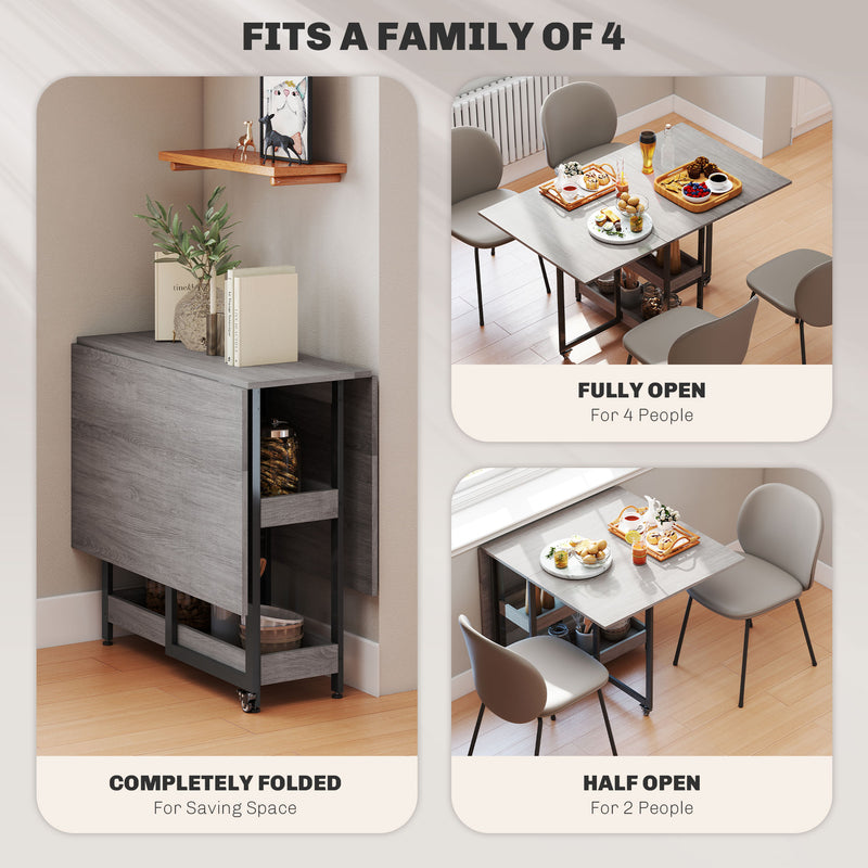Grey Industrial Folding Dining Table with Drop Leaf and Storage Shelves for Small Spaces
