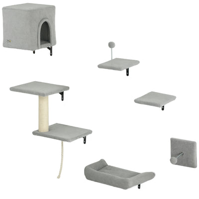 Grey 6 Piece Cat Wall Shelves Set with Bed Scratching Post and Toy Ball by PawHut
