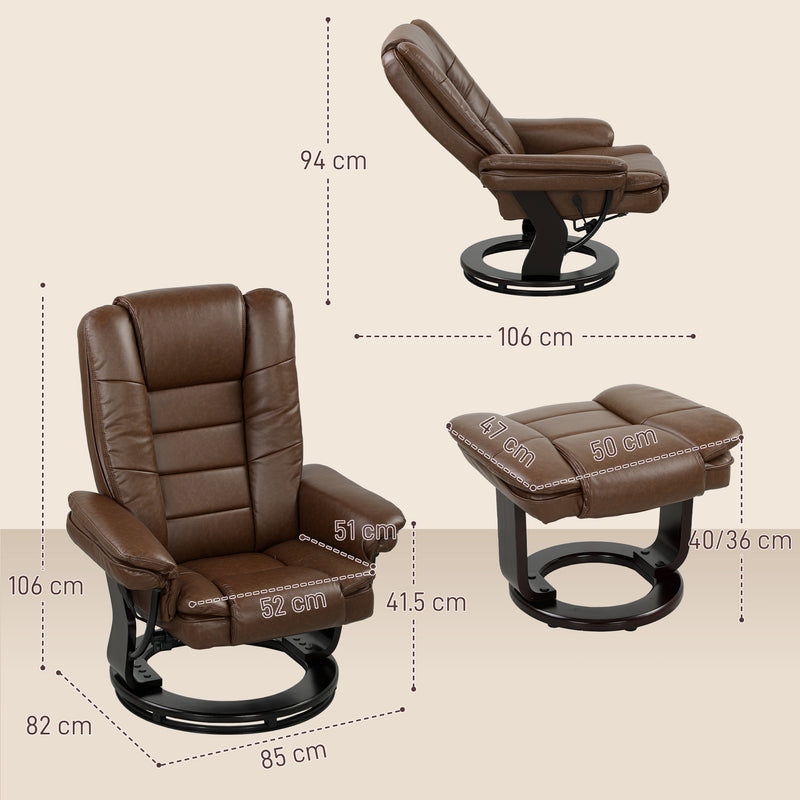 Reclining Faux Leather Armchair with Footstool 135 Degree Backrest Support Brown