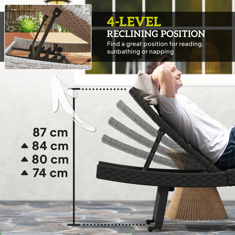 Black Rattan Folding Sun Lounger With Adjustable Backrest and Wheels by Outsunny