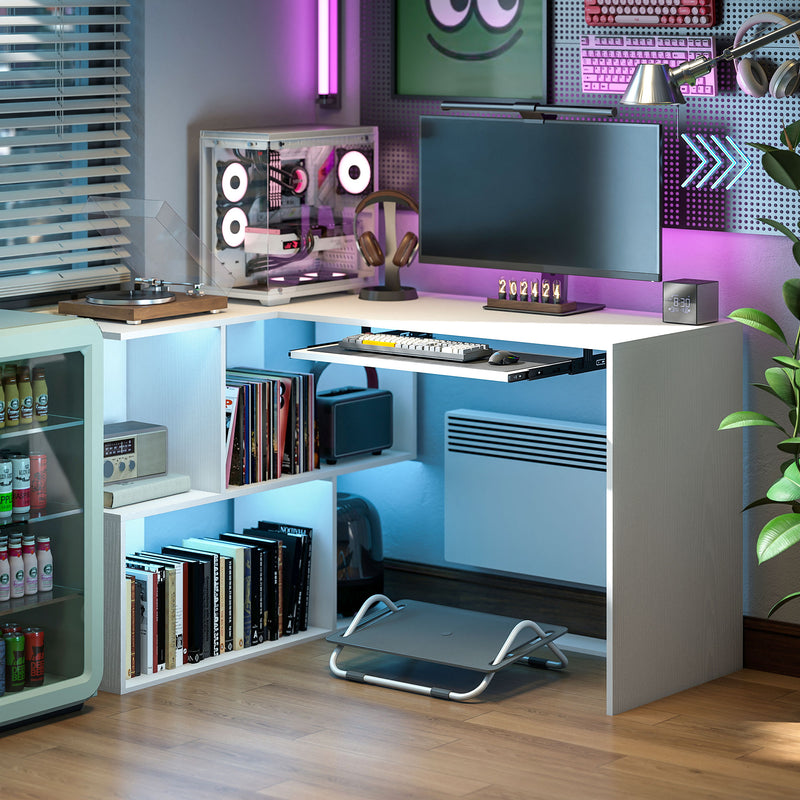 L Shaped Corner Desk with Shelves and Keyboard Tray for Small Home Office White