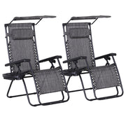 Grey Zero Gravity Garden Sun Lounger Set with Reclining Chairs Cup Holders and Canopy Shade
