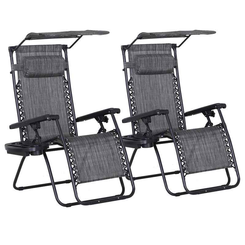 Grey Zero Gravity Garden Sun Lounger Set with Reclining Chairs Cup Holders and Canopy Shade
