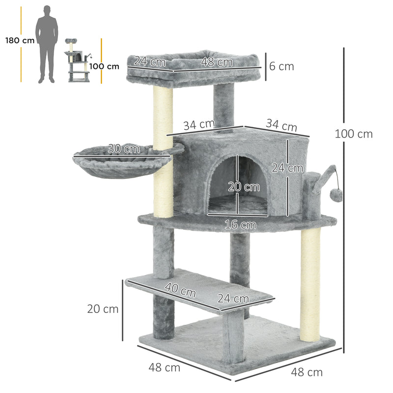 100cm Cat Tree Tower With Sisal Scratching Post Ideal for Climbing and Play Grey