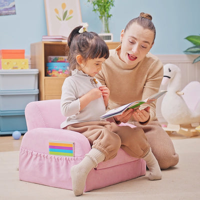 2 in 1 Kids Sofa Bed with Sturdy Wood Frame Ideal for Bedroom or Playroom, Pink