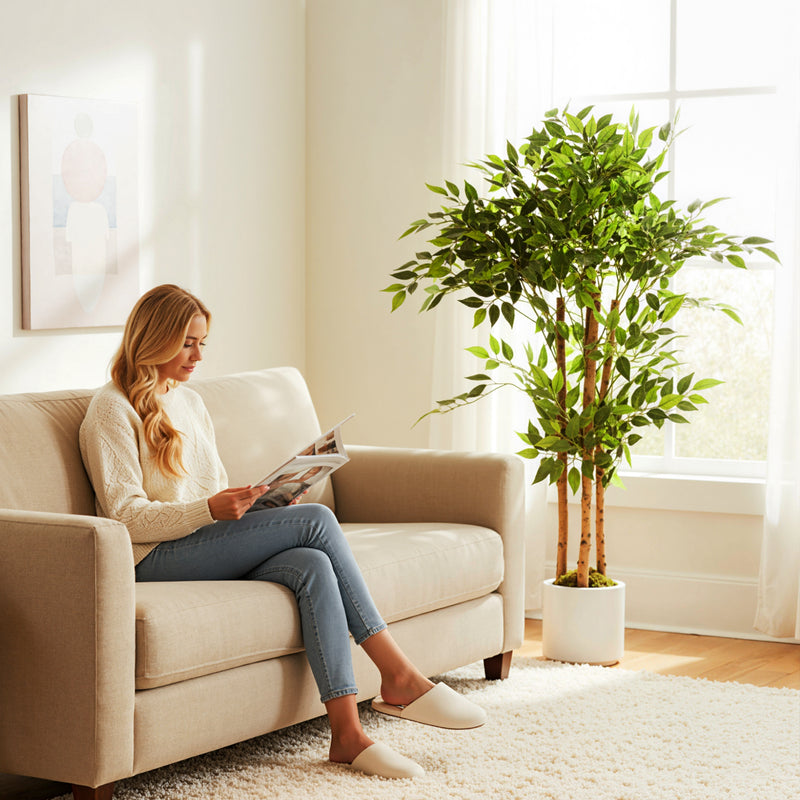 120cm Artificial Ficus Tree With Realistic Wood Trunk In Pot For Indoor Display Green