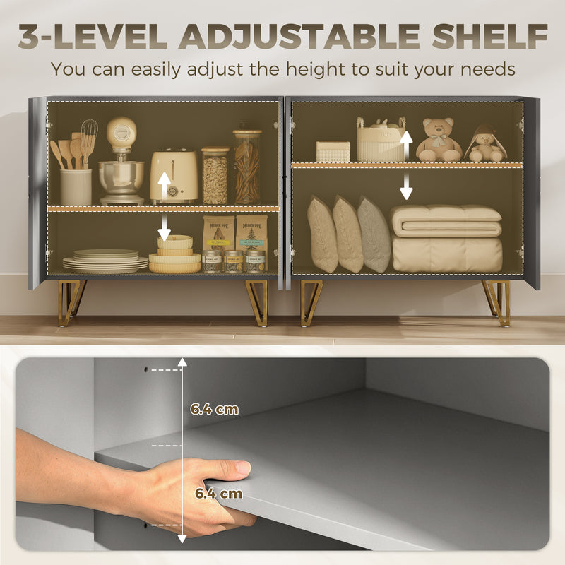 Sideboard with Adjustable Shelf for Living Room Storage High Gloss Grey Gold Tone