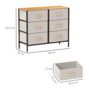 Cream White Fabric Chest of Drawers with 6 Storage Drawers and Wooden Top by HOMCOM