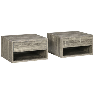 Set of Two Floating Bedside Tables with Drawer and Shelf Brown Wood Effect by HOMCOM