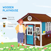 Dark Brown Wooden Kids Playhouse With Doors Windows and Plant Pots For Ages 3 to 8