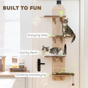 4 Level Door Mounted Cat Tree With Plush Mats And Toys For Indoor Climbing Grey