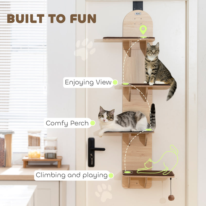 4 Level Door Mounted Cat Tree With Plush Mats And Toys For Indoor Climbing Grey