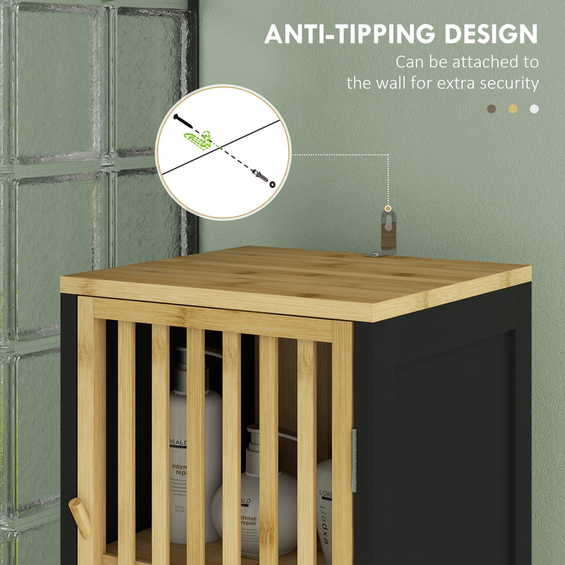 Tall Bathroom Storage Cabinet With Shelves And Cut Out Design For Towels