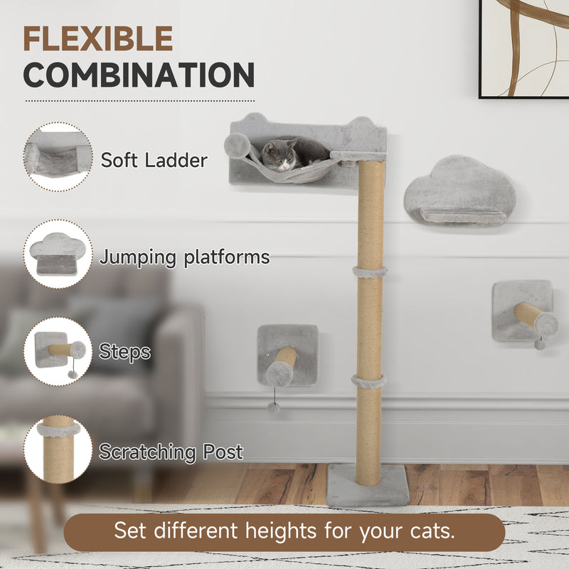 Light Grey 4 Piece Cat Wall Shelves with Scratching Post Ladder Steps and Toys for Indoor Cats by PawHut