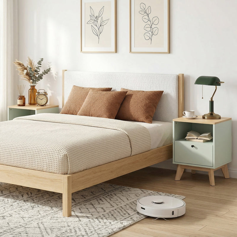 Set of 2 Bedside Tables with Drawer and Shelf for Organised Bedroom Storage Light Green Oak AOSOM