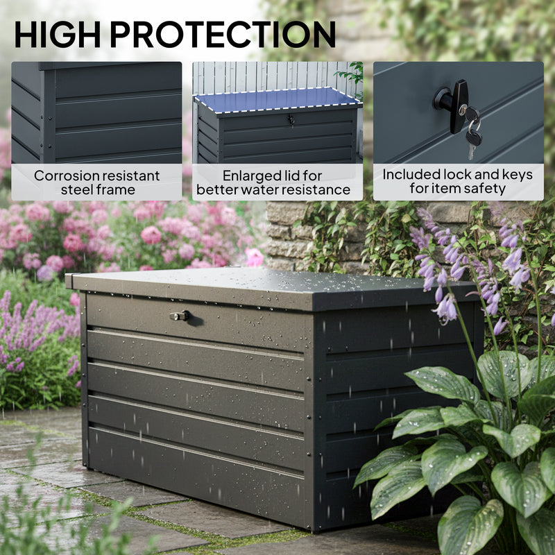 Large Metal Garden Storage Box With Lockable Lid For Patio Or Shed, 311L Capacity Dark Grey