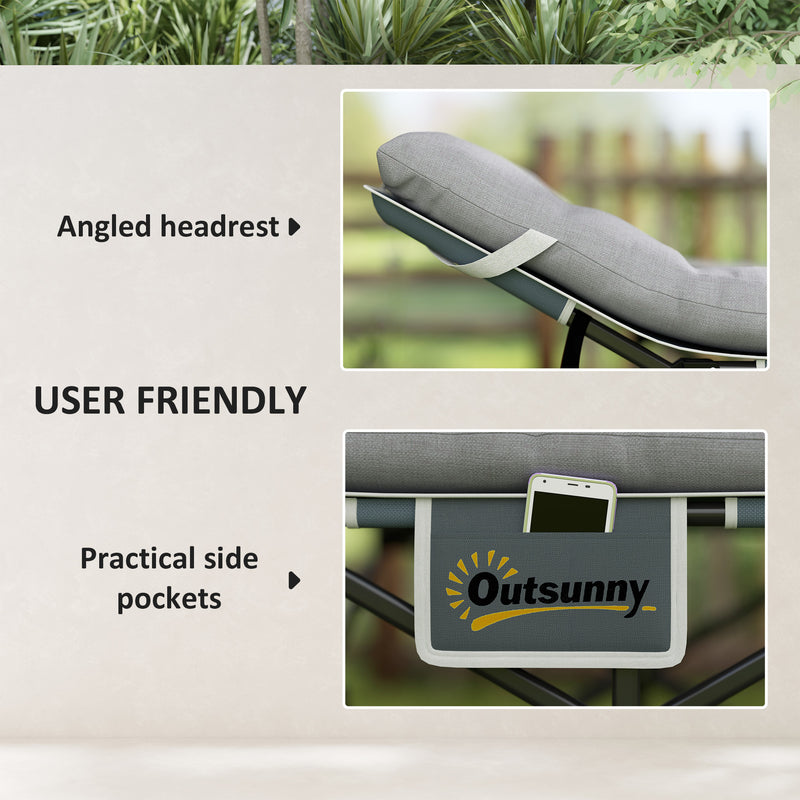 Folding Camp Bed with Thick Mattress and Side Pocket for Outdoor Relaxing Light Grey