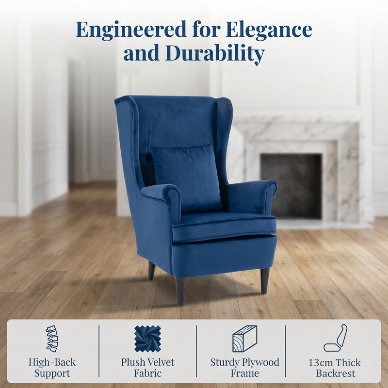 Velvet Wingback Armchair for Reading and Relaxing with Cushioned Support Blue Homcom