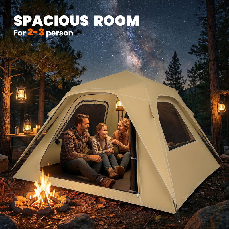 Pop Up Family Tent for 3 to 4 People with Instant Setup and All Weather Protection Khaki
