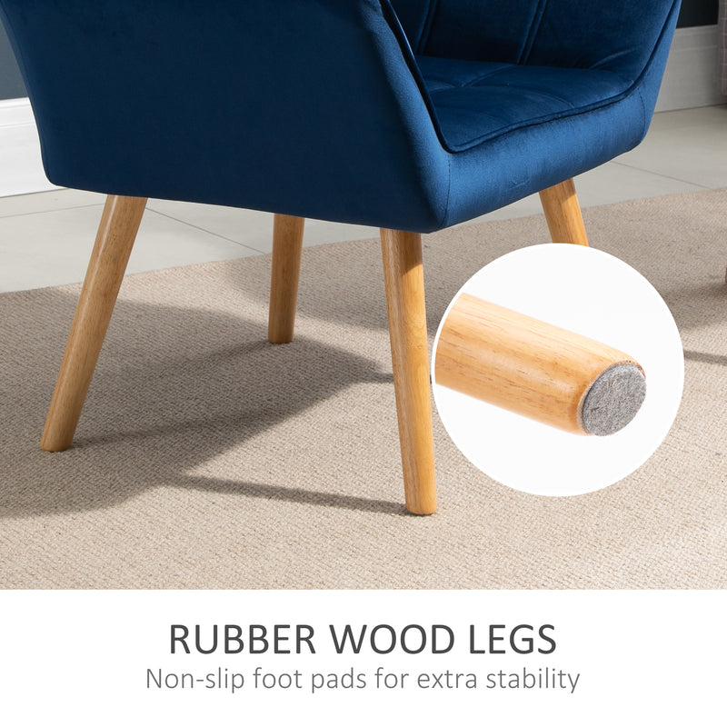 Set of 2 Upholstered Armchairs with Wide Arms and Wooden Legs for Bedroom Seating Blue