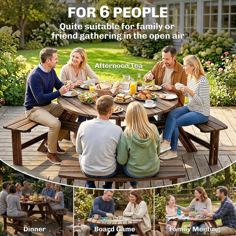 Garden Dining Set for 6 with Round Pub Style Table and Benches Weather Resistant Fir Wood Carbonized Outsunny