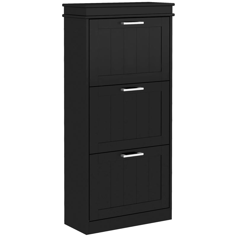 Three Drawer Slim Shoe Storage Cabinet With Flip Doors For Hallway Organisation Black