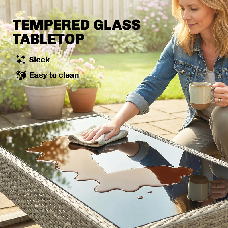 Rattan Garden Furniture Set for Relaxed Outdoor Seating with Cushions and Coffee Table, Khaki