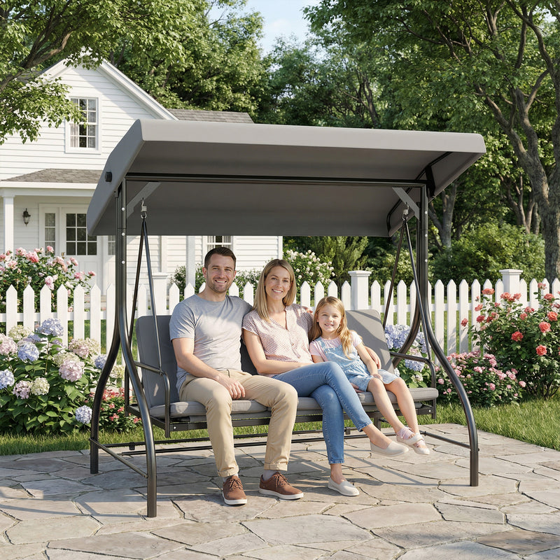 3 Seater Garden Swing Seat with Adjustable Canopy and Fold Flat Bed for Outdoor Relaxing Light Grey Outsunny