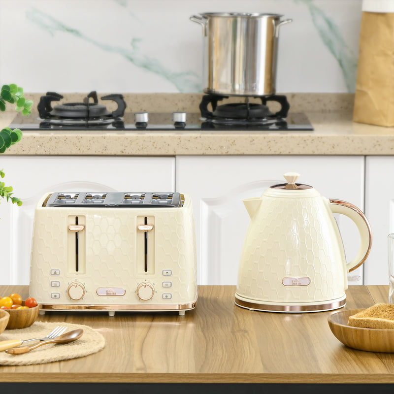 1.7L Fast Boil Kettle And 4 Slice Toaster Set With Browning Control And Crumb Tray Beige