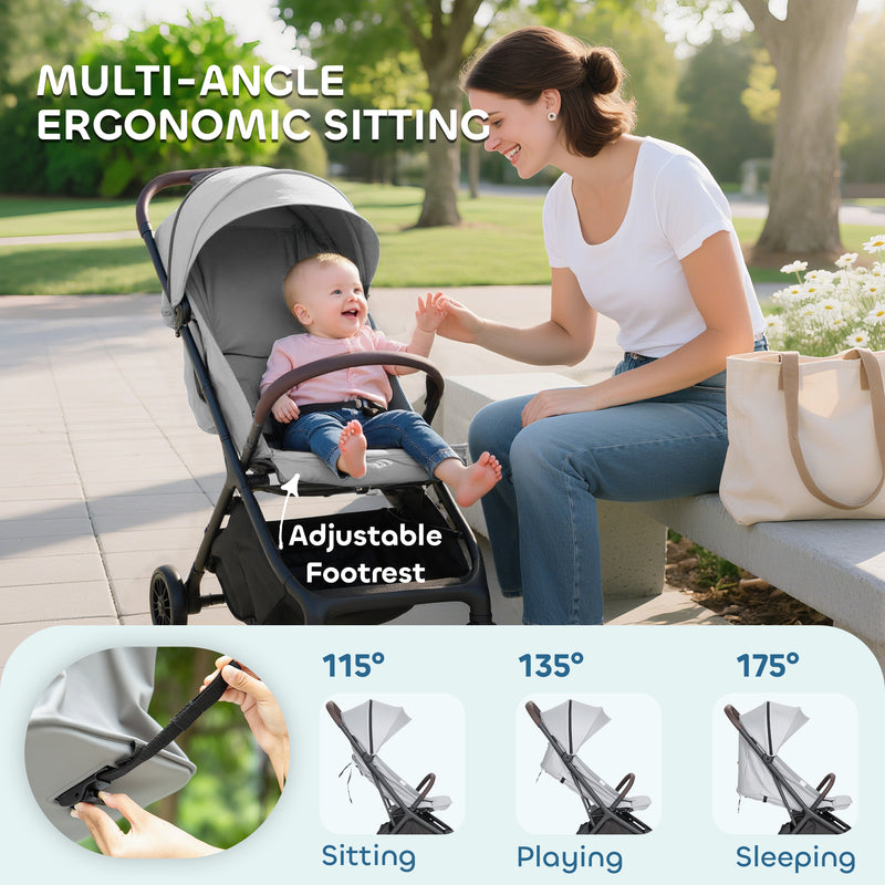 Foldable Baby Stroller with Adjustable Recline and Storage Basket Lightweight Light Grey AOSOM