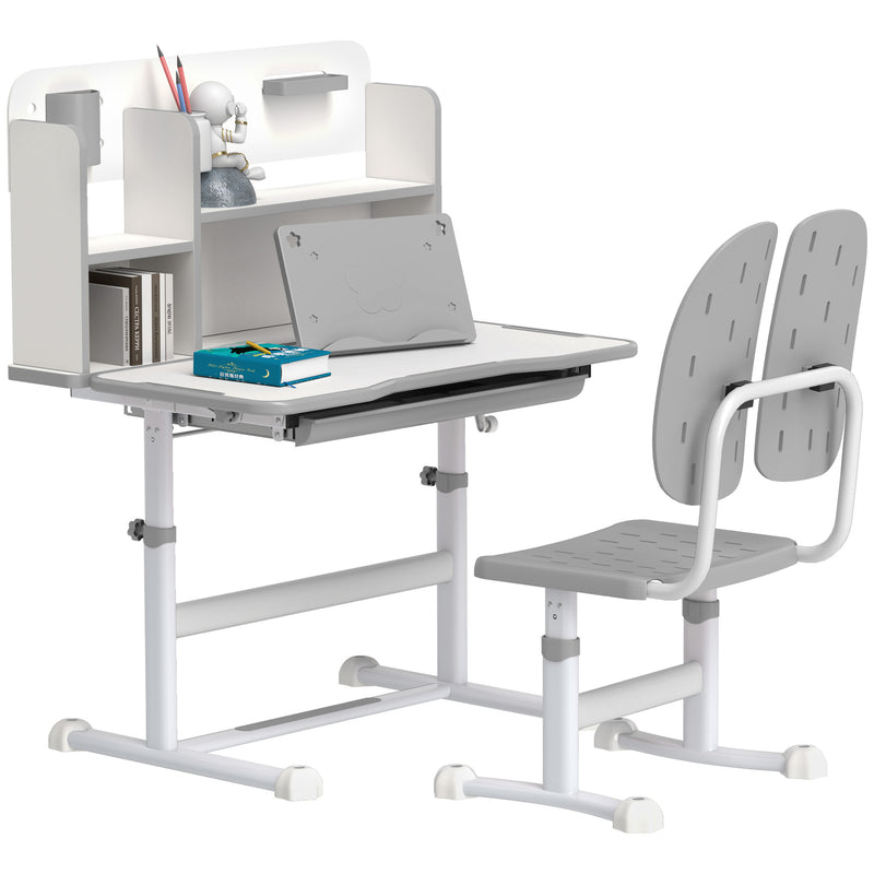 Height Adjustable Kids Desk and Chair Set with Tiltable Desktop and Reading Rack Grey by AIYAPLAY