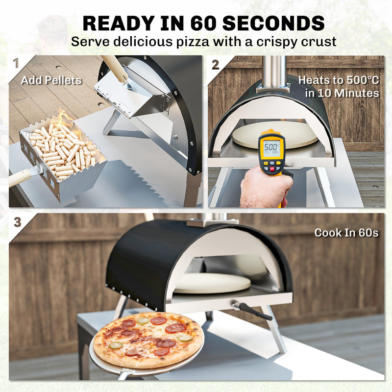 Wood Fired Outdoor Pizza Oven for Fast Even Cooking with Rotating Stone for Garden or Patio, Black Outsunny