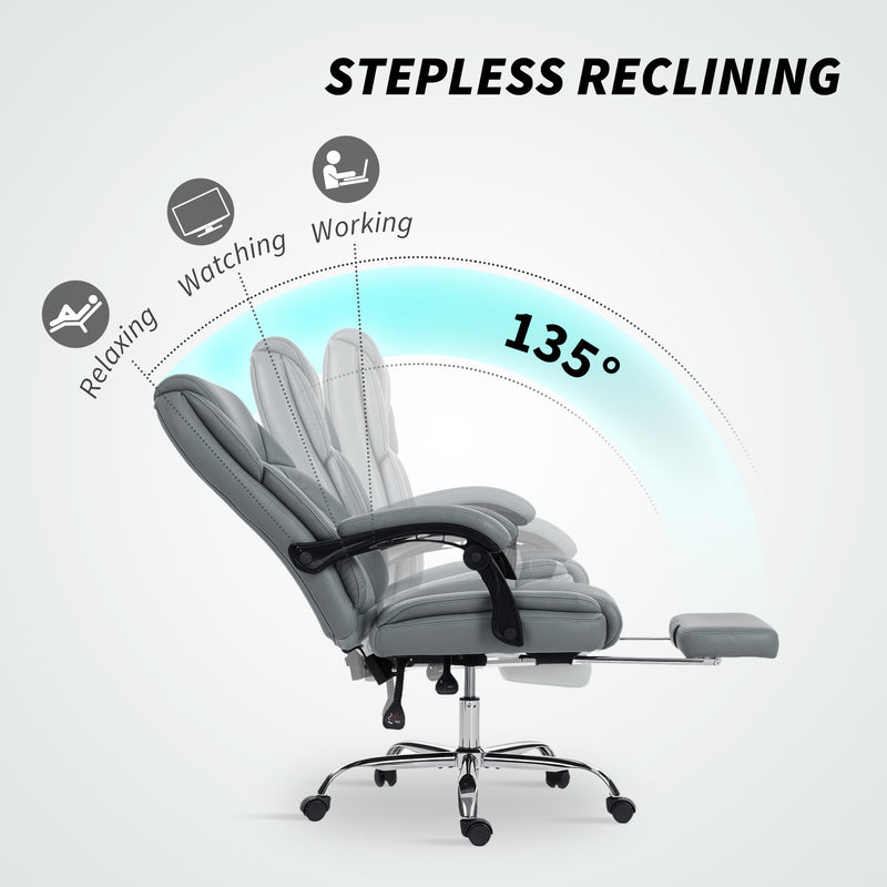 Reclining Faux Leather Office Chair with Footrest for Home Workstation Comfort Grey