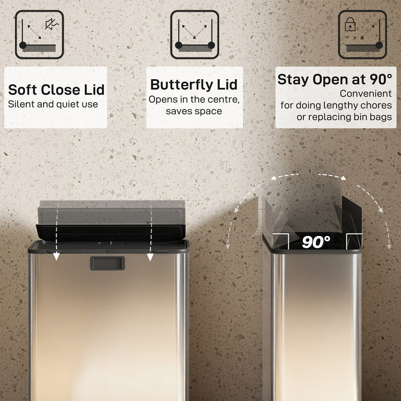 56L Dual Kitchen Recycling Pedal Bin with Soft Close Lid and Removable Buckets Silver