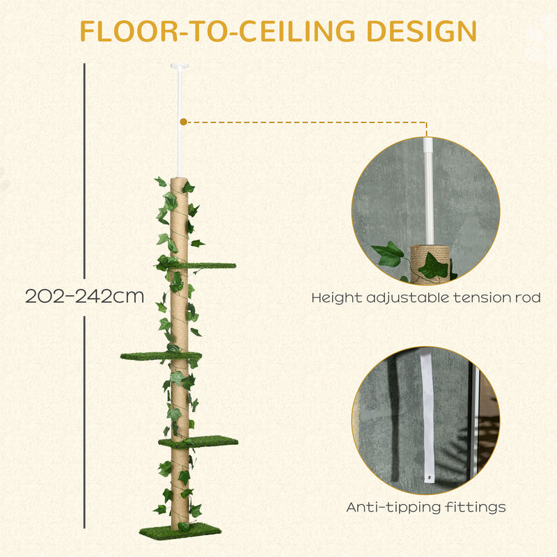 Adjustable Floor To Ceiling Cat Tree With Perches Anti Slip Base And Faux Plants Green